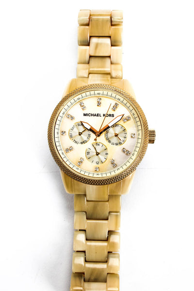 Michael Kors Faux Horn Resin Mother Of Pearl Dial Jet Set Watch Beige Gold Tone