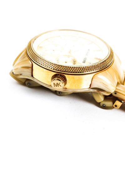 Michael Kors Faux Horn Resin Mother Of Pearl Dial Jet Set Watch Beige Gold Tone