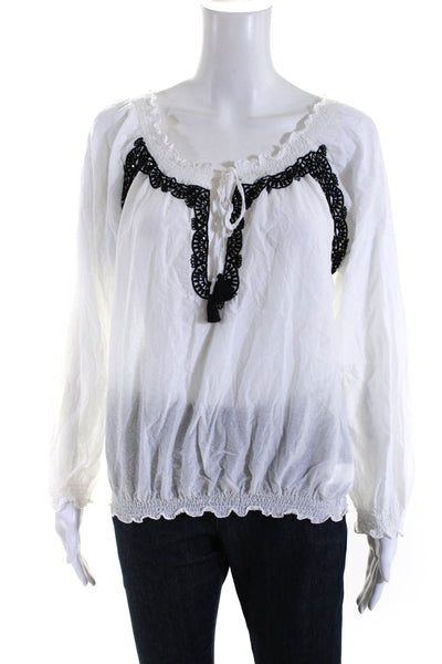 OndadeMar Womens Cotton Embroider Sequined Long Sleeve Tied Blouse White Size M