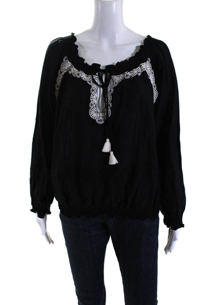 OndadeMar Womens Cotton Sequin Textured Tied Long Sleeve Blouse Top Black Size M