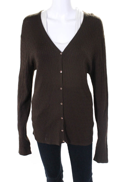 Belford Womens Silk Cable Knit V-Neck Long Sleeve Cardigan Sweater Brown Size L