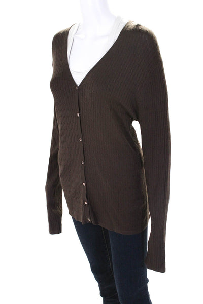 Belford Womens Silk Cable Knit V-Neck Long Sleeve Cardigan Sweater Brown Size L