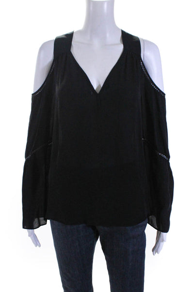 Ramy Brook Women's Silk V-Neck Long Sleeve Cold Shoulder Blouse Black Size M