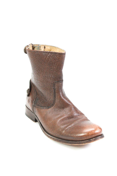 Frye Womens Leather Bison Embossed Button Up Back Zip Ankle Boots Brown Size 5US