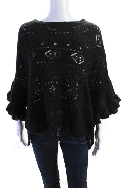 Muche Et Muchette Womens Open Knit Ruffle Sleeve Pullover Sweater Black Size OS