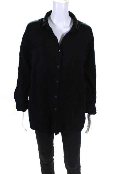 Catherine Malandrino Womens Cotton Textured Button Up Blouse Top Black Size L