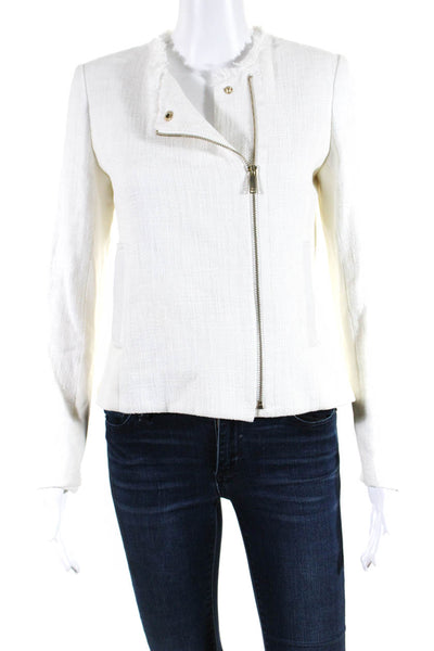 Karl Lagerfeld Womens Cotton Fringed Crew Neck Zip Front Jacket White Size 2