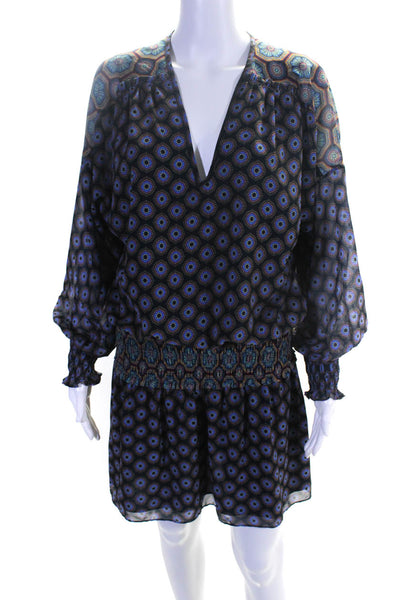 Ramy Brook Women's Long Sleeve V-Neck Abstract Print Blouson Dress Blue Size M