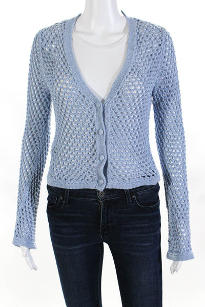 MNG Womens Open Knit Long Sleeved Buttoned Cardigan Blue Silver Tone Size S