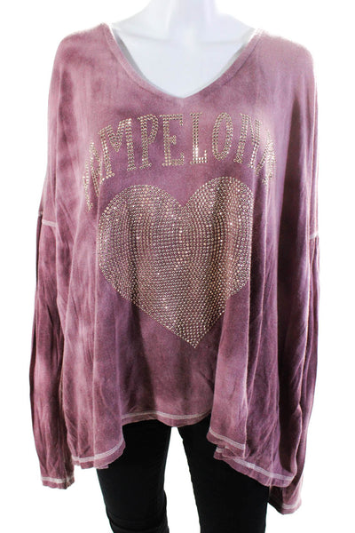 Sunday Tropez Womens Pink Tie Dye Bedazzled V-Neck Long Sleeve Knit Top Size M