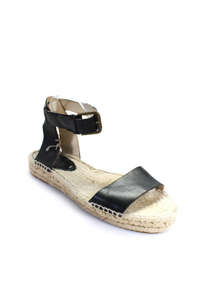 Soludos Womens Leather Ankle Strap Flat Espadrille Sandals Black Tan Size 9