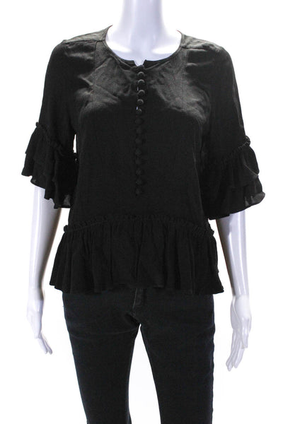 Apiece Apart Womens Short Sleeve Crepe Ruffle Button Up Top Blouse Black Small
