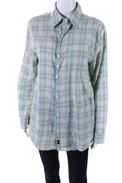 Faherty Womens Cotton Plaid Long Sleeve Button Down Shirt Top Blue Size L