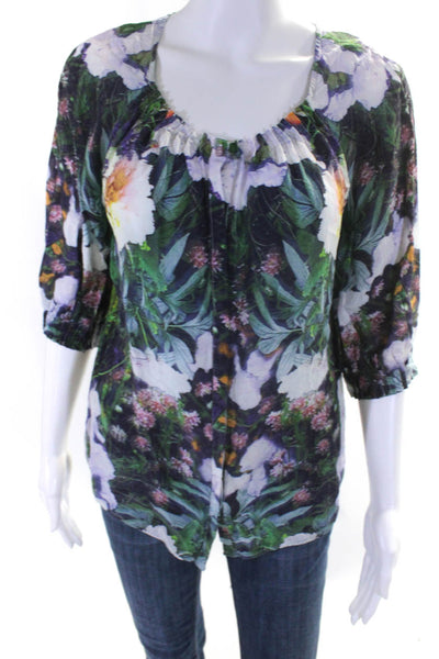 Robert Graham Womens Silk Floral Print Button Down Blouse Top Multicolor Size XS