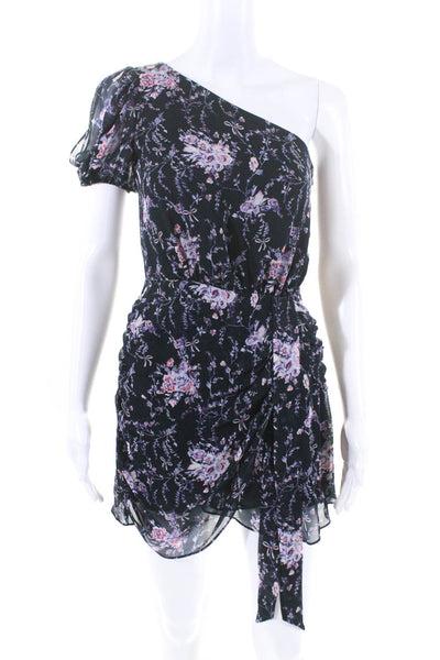 Love Shack Fancy Women's One Shoulder Floral Print Silk Mini Dress Blue Size P