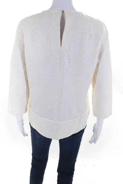 J Crew Womens Cotton 3/4 Sleeve Textured Round Neck Blouse Top Ivory Size 0
