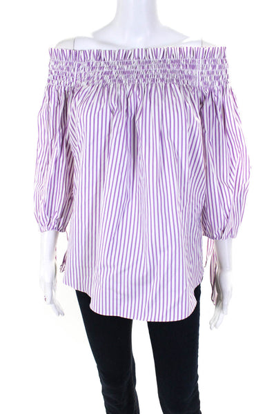 Caroline Constas Womens Cotton Striped Pleat Off-the-Shoulder Top Purple Size XS