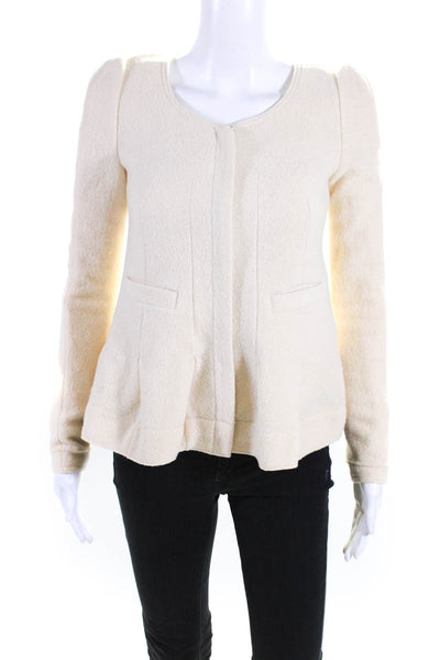 Carven Women's Round Neck Long Sleeves Full Zip Beige Peplum Jacket Size 36