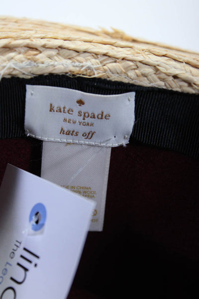 Kate Spade Women's Wool Straw Brim Hat Burgundy Beige Size O/S