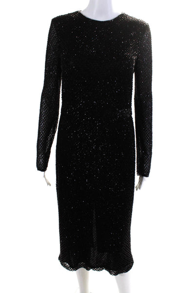 Mac Duggal Womens Black Beaded Crew Neck Zip Back Long Sleeve Gown Dress Size 10