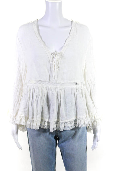 Sunday Tropez Womens Lace Trim Lace Up V Neck Linen Shirt White One Size