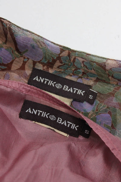 Antik Batik Womens Silk Chiffon Floral Beaded V-Neck Blouse Top Green Size S