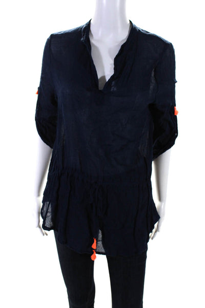 Eberjey Womens Semi-Sheer V-Neck 3/4 Sleeve Drawstring Waist Blouse Navy Size S