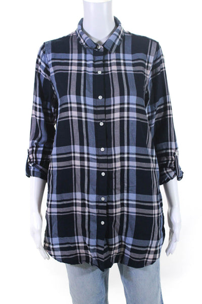 Barbour Womens Button Front Long Sleeve Collared Plaid Shirt Navy Blue Size 4