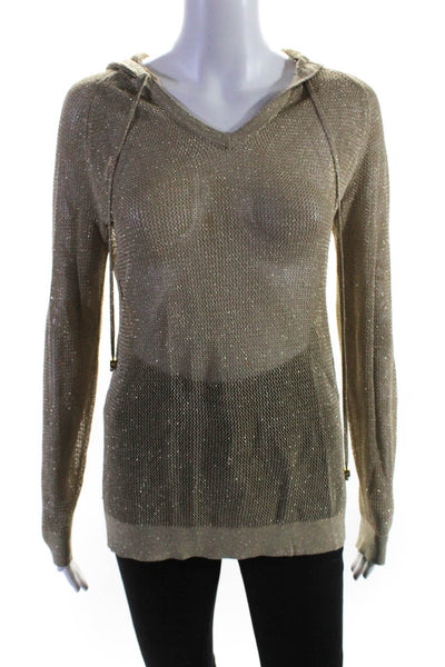 Michael Michael Kors Womens Metallic Loose Knit Hooded Sweater Gold Size Small