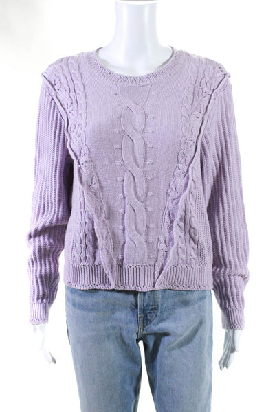 Autumn Cashmere Womens Cable Knit Crew Neck Sweater Lilac Cotton Size Large
