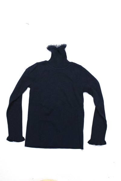 Jacadi Girls Cotton Knit Long Sleeve Ruffled Turtleneck Sweater Top Navy Size 8