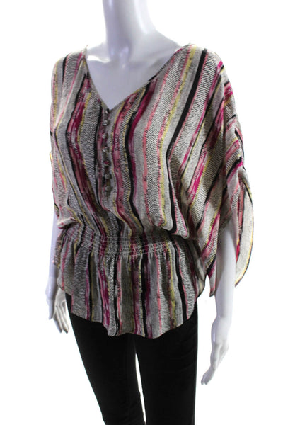 Parker Womens Silk Striped Spotted V Neck Short Sleeved Blouse White Pink Size S