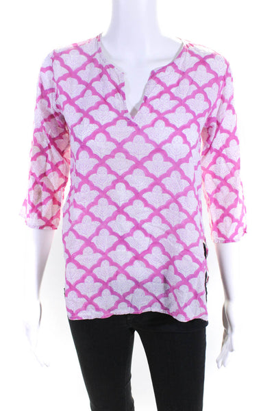 Roberta Roller Rabbit Womens Cotton Abstract Print V-Neck Blouse Pink Size 10