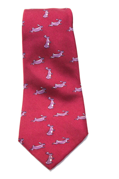 Hermes Mens Classic Width Silk Rabbit Printed Tie Red Purple
