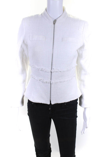 Tahari Womens Long Sleeve Front Zip Fringe Trim Jacket White Cotton Size 8