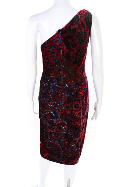 Elie Tahari Silk Velvet Paisley Print One Shoulder Split Hem Dress Red Size 6