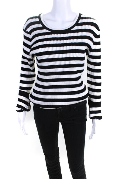 Karl Lagerfeld Womens Black White Striped Ribbed Knit Sweater Top Size S/M