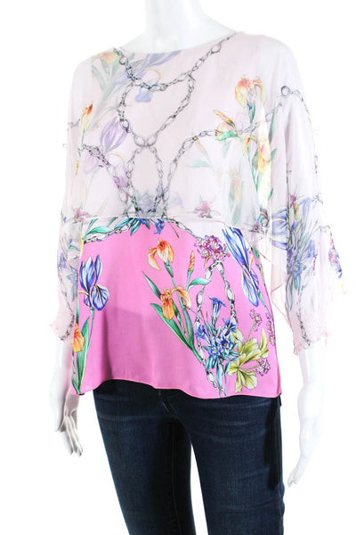 Elie Tahari Womens Floral Chain Chiffon Cape Sleeve Top Blouse Pink Size Small