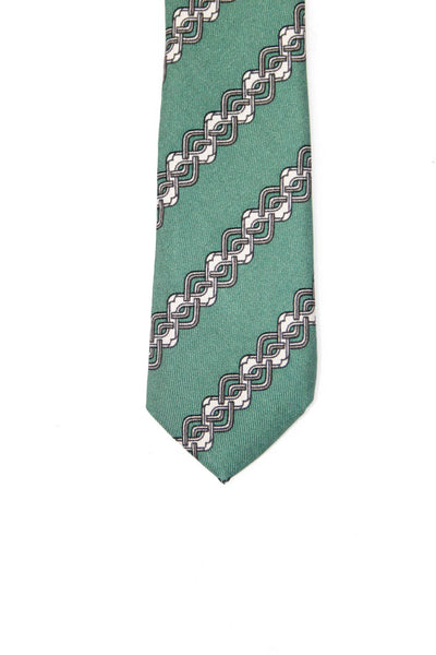 Hermes Mens Classic Width Abstract Striped Trim Silk Tie Green White Gray