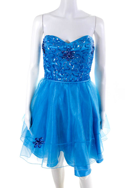 Betsey Johnson Womens Satin Sequin Bodice Tutu Tulle Hem Mini Dress Blue Size 4