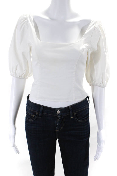 Staud Women's Cotton Square Neck Puff Sleeve Cropped Blouse White Size 6