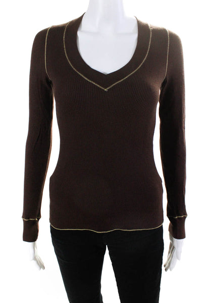 Splendid Womens Thermal Knit Long Sleeve V-Neck Shirt Top Chocolate Brown Size S