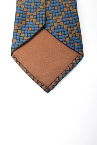 Hermes Mens Classic Geometric Diamond Print Silk Tie Blue Green Brown