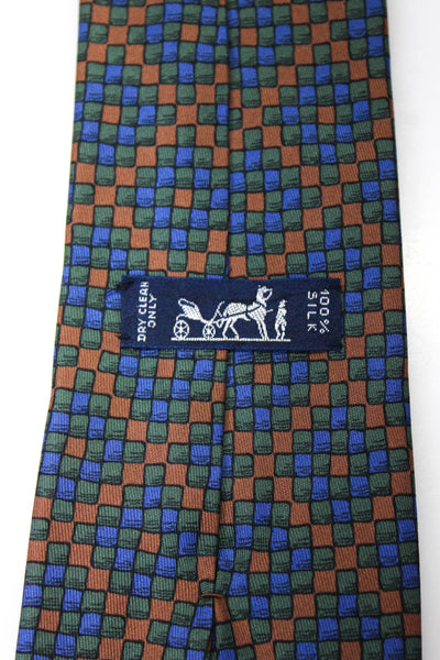 Hermes Mens Classic Geometric Diamond Print Silk Tie Blue Green Brown