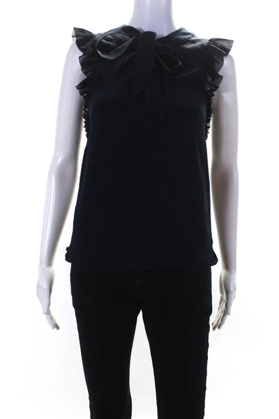Ted Baker Women's Round Neck Ruffle Blouse Navy Blue Size 0
