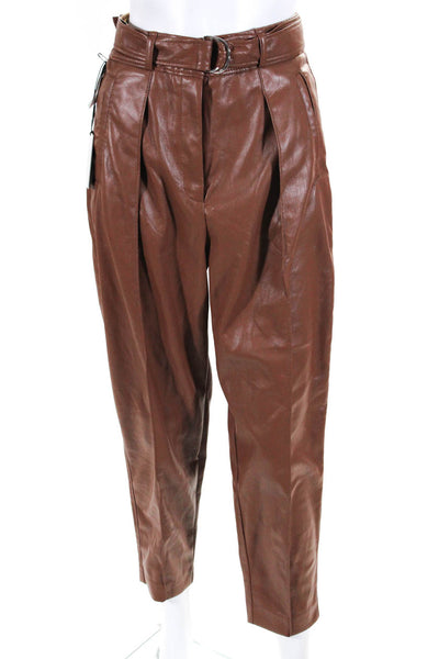 Babaton Women's Belted Flat Front Straight Leg Vegan Leather Pant Brown Size 4