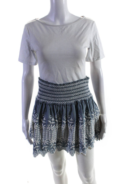 Love Shack Fancy Women's Smocked Waist Embroidered Flare Mini Skirt Blue Size S