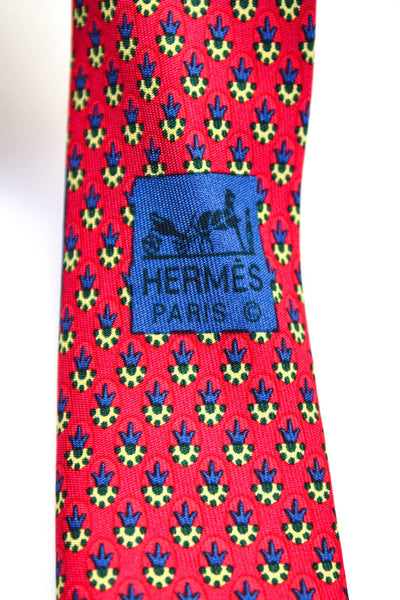 Hermes Mens Silk Geometric Printed Red Classic Neck Tie