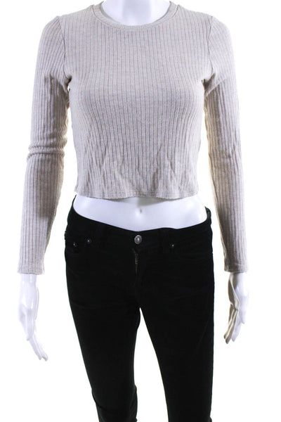 Reformation Womens Ribbed Round Neck Long Sleeve Cropped Top Beige Size S