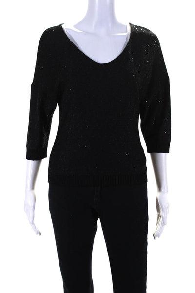 St. John Womens Black Sequins V-Neck 3/4 Sleeve Pullover Blouse Top Size P